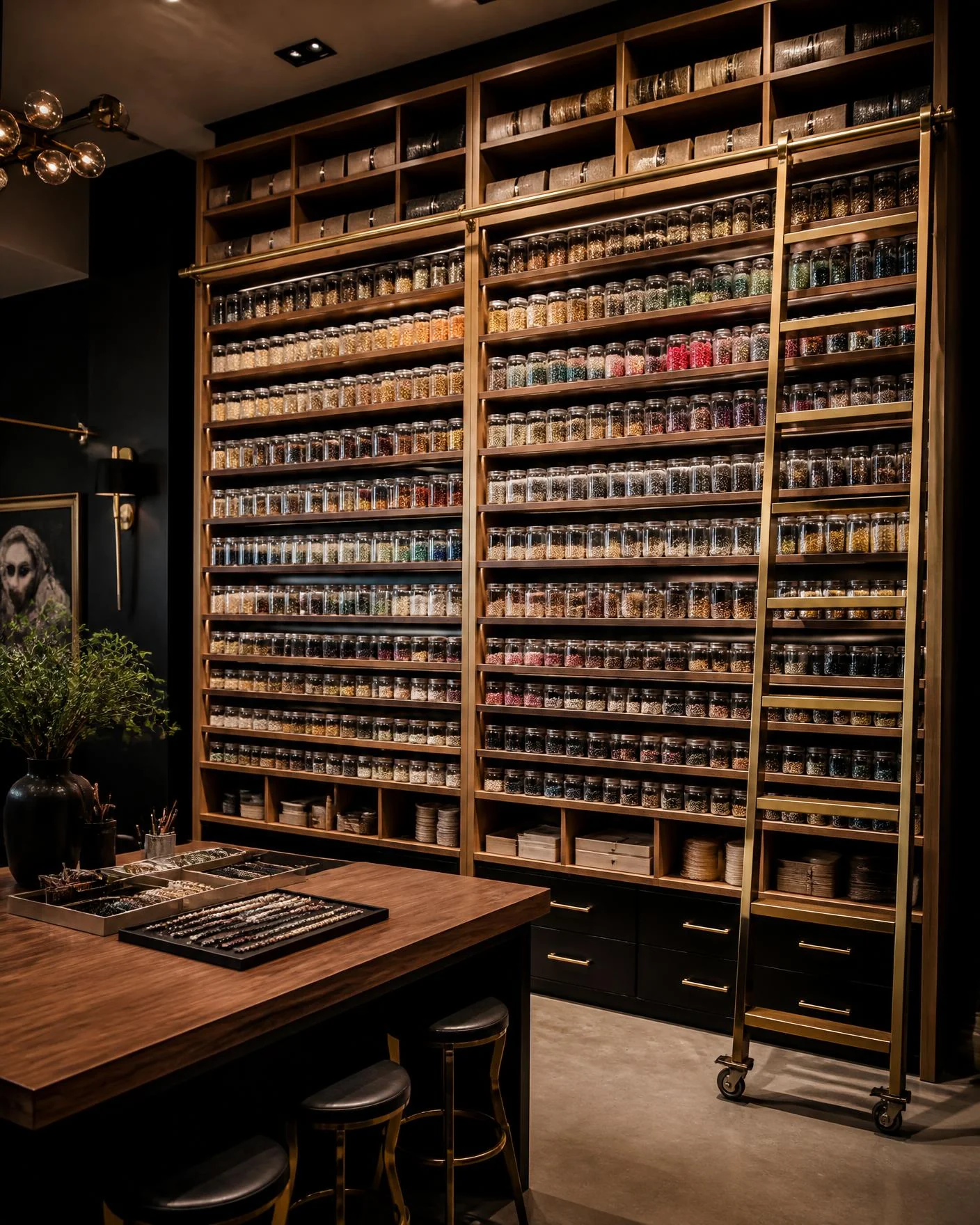 Floor to ceiling bead wall of jars filled with colorful beads on warm wood shelving