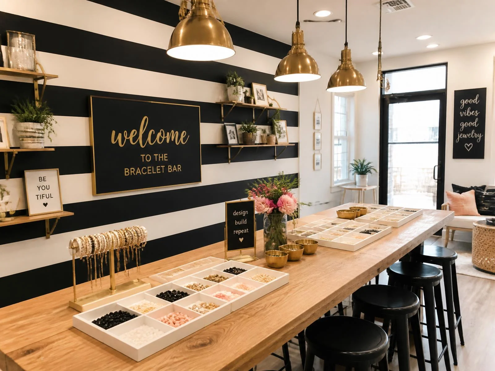The bracelet bar studio with black and white striped wall and wooden work table